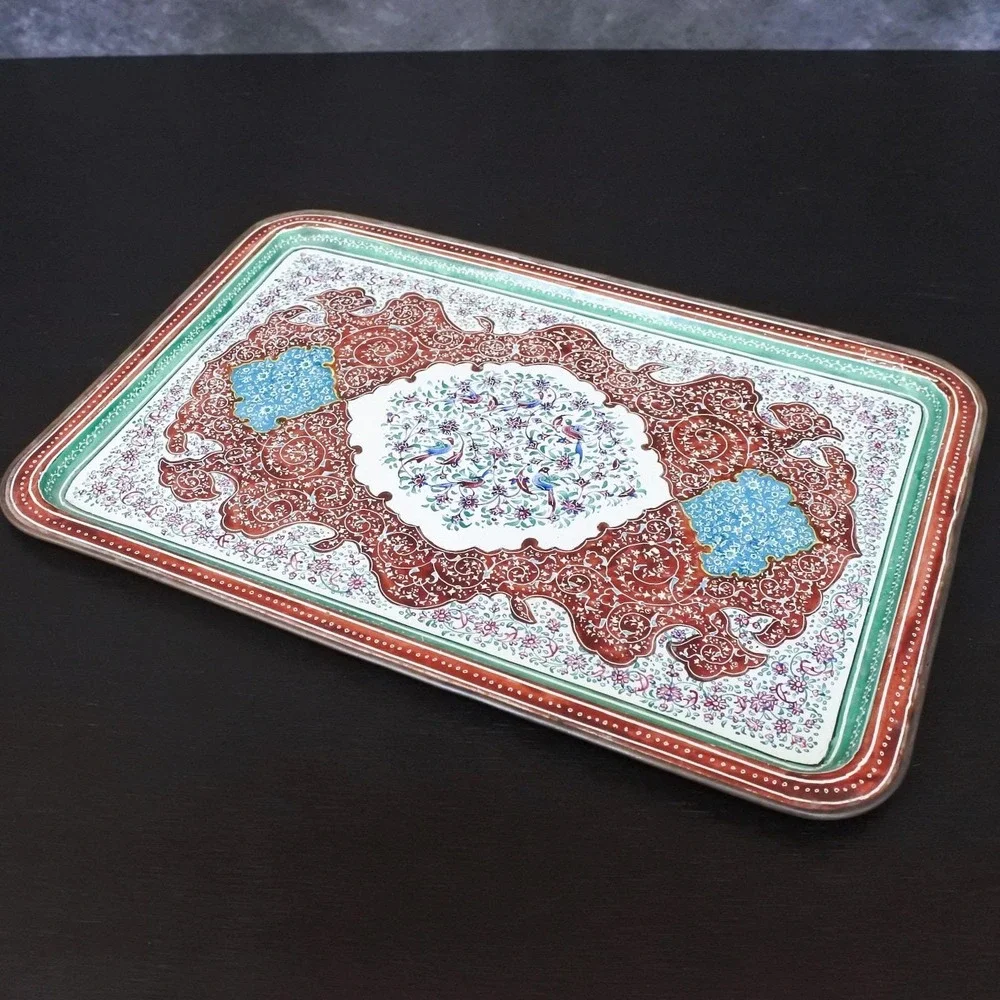 Antique Persian Minakari Enamel Floral Birds Tea & Coffee Cups Saucers Tray Set